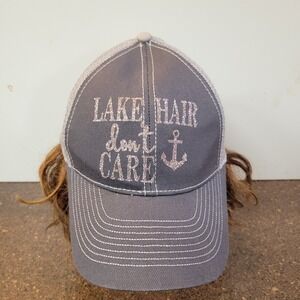 Mega Cap Trucker Hat Unisex OS Gray White Cotton Back Mesh Lake Hair Don't Care